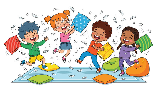 Four diverse, laughing cartoon children joyfully jump on a blue rug while having a lively pillow fight with flying white feathers.