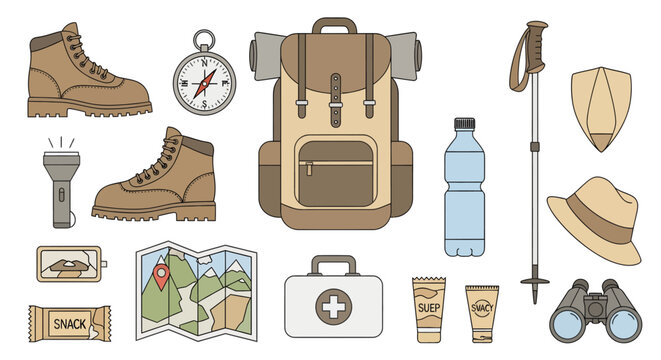 Travel hiking backpack with outdoor gear including boots, compass, water bottle, map, hat, flashlight, first aid kit, snacks, and trekking poles for adventure trips