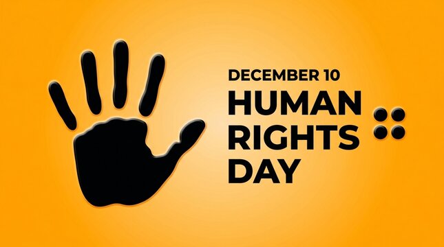 A conceptual graphic for Human Rights Day, observed on December 10, featuring a black hand print silhouette on a vibrant yellow background.