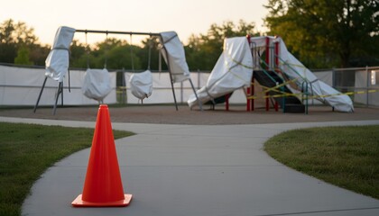 Fototapeta premium Park playground equipment covered in plastic Renovation and caution tape