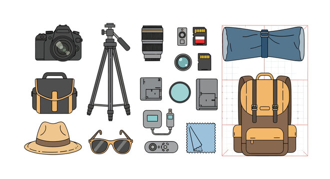 Photography gear collection with camera tripod lenses memory cards and accessories for travel and outdoor photography