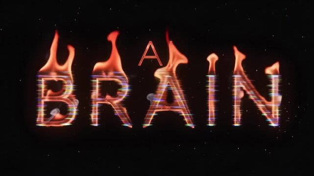 Burning text letters spelling out the word brain with intense orange flames and swirling grey smoke rising against a dark backdrop in this high quality cinematic motion video animation that captures a