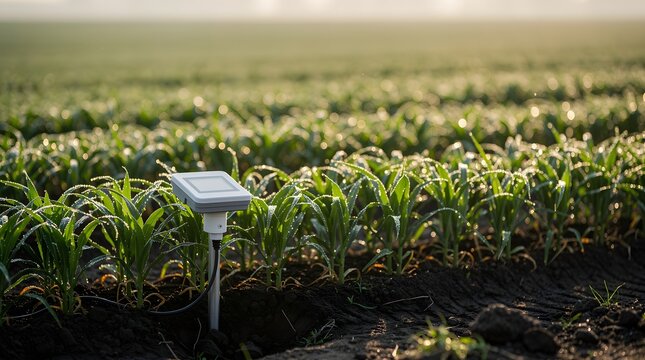 Covert data interception device with wire wiretapping a smart agriculture sensor in a farm field, concept of corporate espionage, cyber sabotage, and agricultural data theft