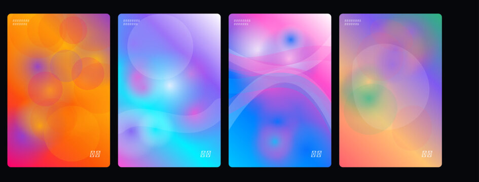Vibrant abstract backgrounds, colorful gradient textures, neon swirls, 4-panel vector set