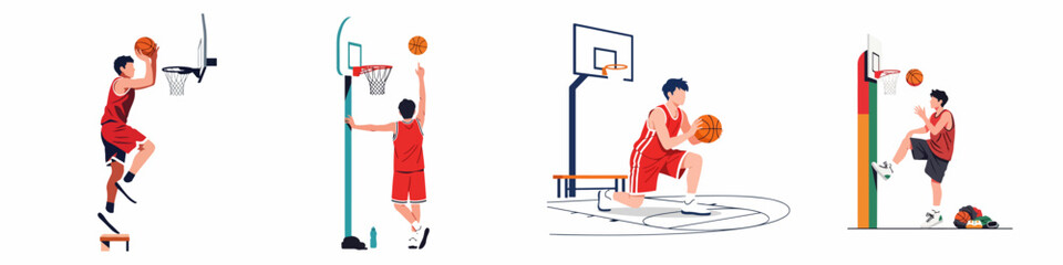Vector Illustration Set of a Male Basketball Player in Various Training and Action Poses on a White Background © Rizki