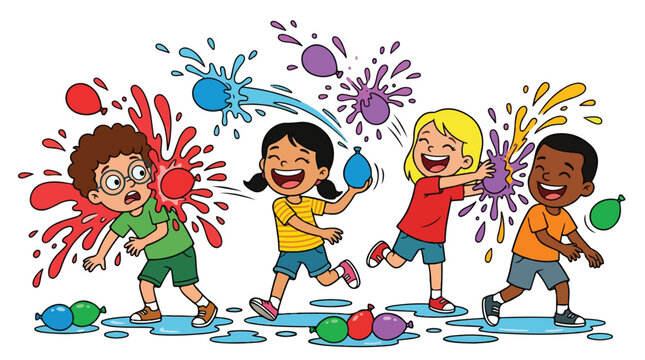 Four diverse cartoon children joyfully throw colorful water balloons at each other, creating large bright splashes and puddles.