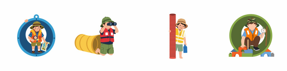 Collection of illustrations featuring a young boy exploring with adventure gear like binoculars, maps, and magnifying glasses in various playful settings.