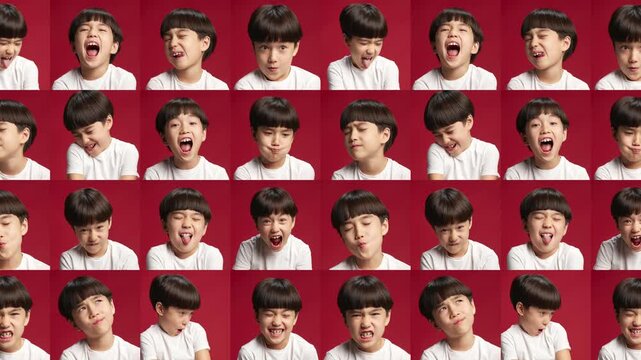 Repeating child face expressions on red background pattern. Concept of parenting blogs, child psychology visuals, education materials, emotion charts and playful brand campaigns.