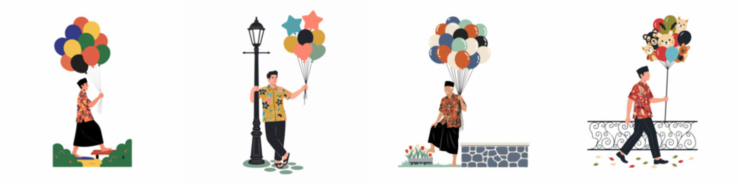 Collection of Indonesian men in traditional batik shirts holding colorful bunches of balloons in various outdoor settings, vector illustration set.
