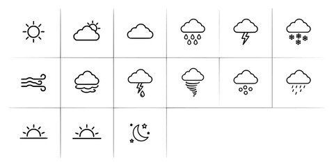 Fototapeta premium Weather Icons Arranged in a Neat Grid Showing Sun, Cloud, Rain, Snow, Wind, and Temperature Symbols Featuring Symbol, Sign