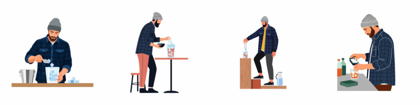 Set of Illustrations Featuring a Bearded Man in a Plaid Shirt and Beanie Preparing Drinks with Ice Cubes on White Background