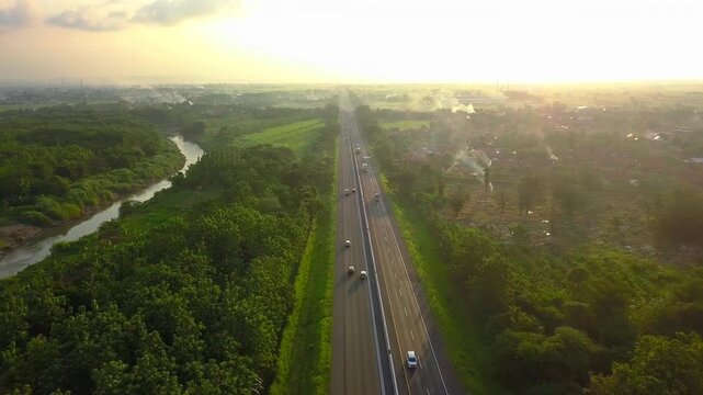 Aerial shot of java highway landscape during golden hour