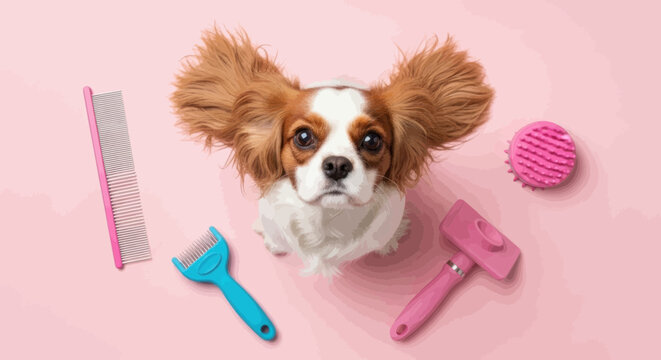 Cavalier king charles spaniel with dog grooming tools