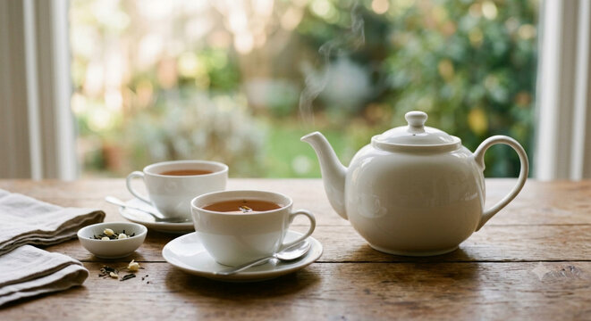 A realistic and atmosphere photo, no people, just clean white cups of tea and white teapot. blurred background