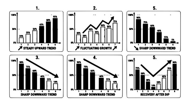 Graphs Showing Different Trends in Data with Steady Upward Trend, Fluctuating Growth, Sharp Downward Trend, Recovery After Dip