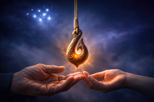 Matariki Maori New Year pendant transfer with glowing carved koru matau on flax cord above elder and youth hands symbolizing intergenerational knowledge remembrance Aotearoa