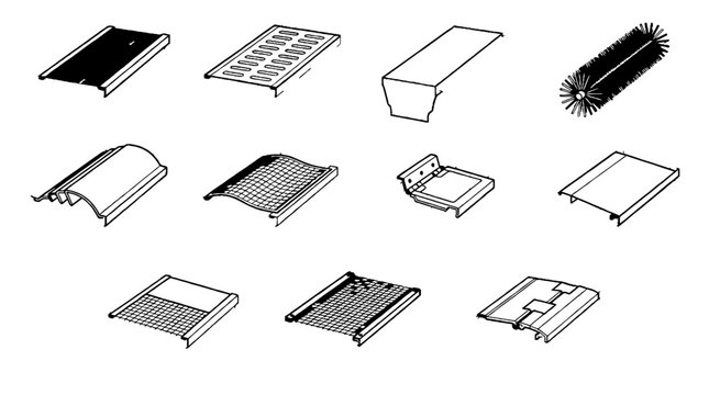Technical line art illustrations of various industrial gutter guard and roof drainage system components.