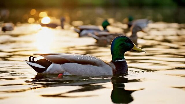 A male mallard duck swims peacefully on calm water with other ducks in the background at sunset.