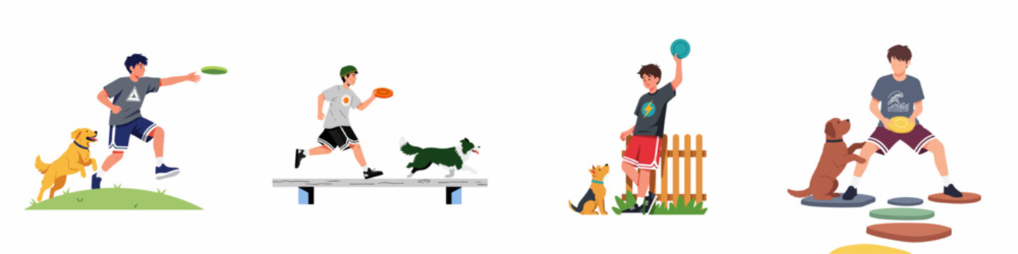 Collection of flat vector illustrations depicting young men playing with their dogs using flying discs in various outdoor park settings.