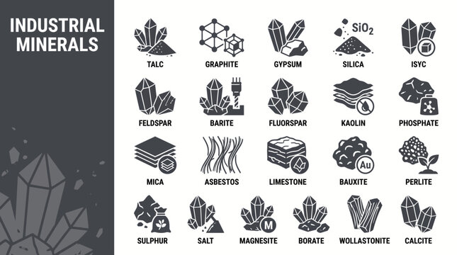 Professional Set of Geological Industrial Mineral Material Icons and Raw Resource Elements