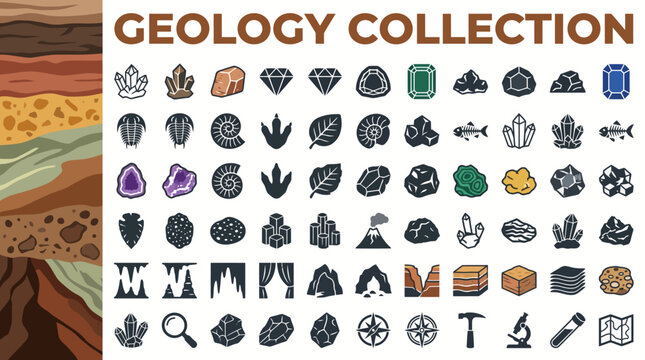Set of geology and paleontology line icons featuring rocks, crystals, fossils, soil layers, and scientific exploration tools