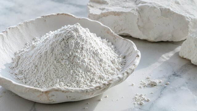 Fine white kaolin clay powder in a ceramic bowl. Raw natural mineral chunks on marble surface. Cosmetic skincare ingredients