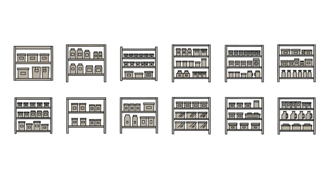 illustration of warehouse shelves stocked with various boxes and containers, organized storage system for inventory management, suitable for logistics, supply chain, or storage themes