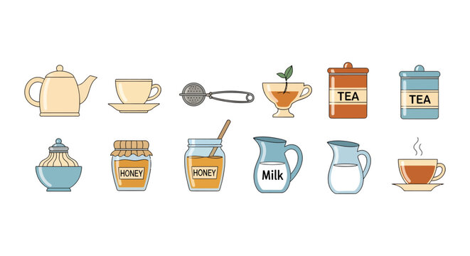 Assorted tea-making supplies and ingredients including teapot cups honey milk pitchers and teabags - perfect for tea shop or cafe background