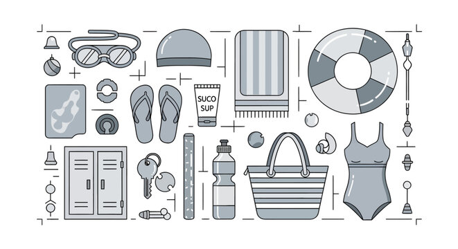Summer beach accessories collection with swimwear goggles flip-flops towel sunscreen life buoy and more, perfect for holiday or vacation memories