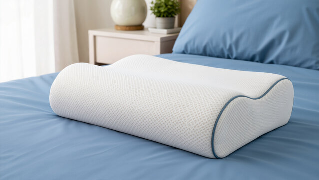 White memory foam contour support pillow on a bed with blue sheets. Ergonomic orthopedic neck cushion in a modern bedroom
