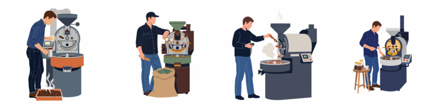 Vector illustration of professional male coffee roasters operating industrial roasting machines, showing various stages of the coffee bean roasting process on white background.