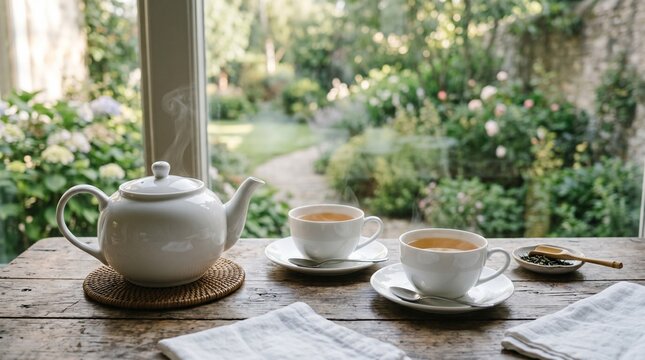 A realistic and atmosphere photo, no people, just clean white cups of tea and white teapot.