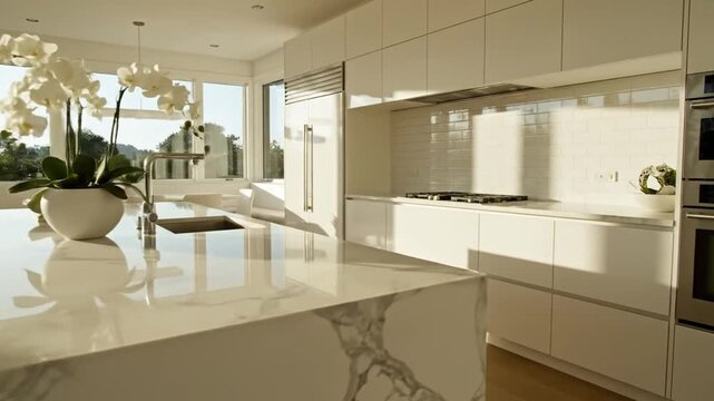Modern kitchen interior with white cabinets and marble countertop under bright sunlight