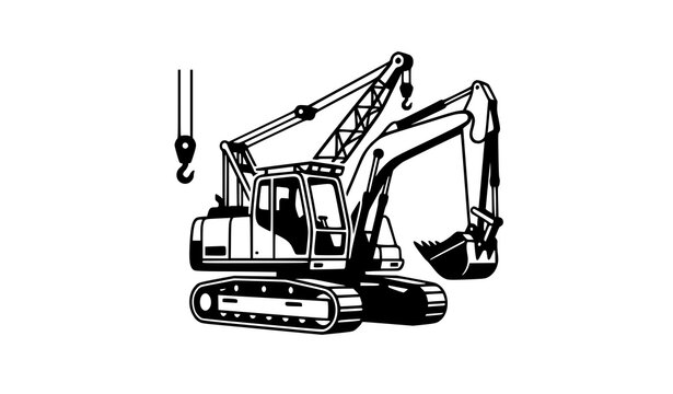 Crawler Crane Excavator Truck Outline Vector for Construction Machinery Design