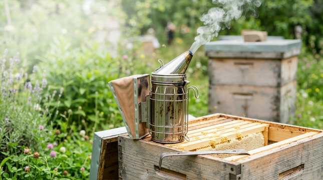 Stainless steel bee smoker emitting smoke on open wooden beehive. Beekeeping equipment and honeycomb frames in green summer garden