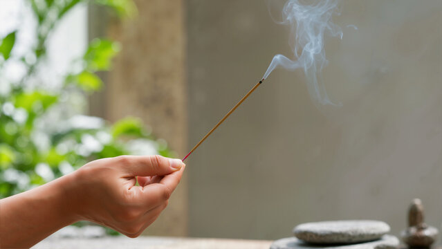 Close up of a hand holding a burning incense stick with rising smoke. Mindfulness and meditation ritual concept with blurred background