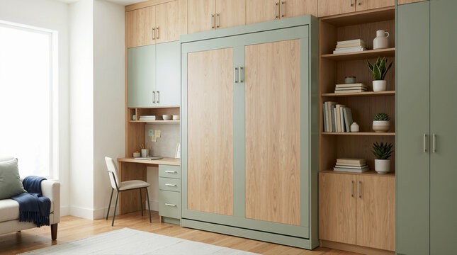 Modern Murphy bed folded into a custom wall cabinetry unit. Space saving built in furniture with desk and shelving in a multifunctional home office or guest room