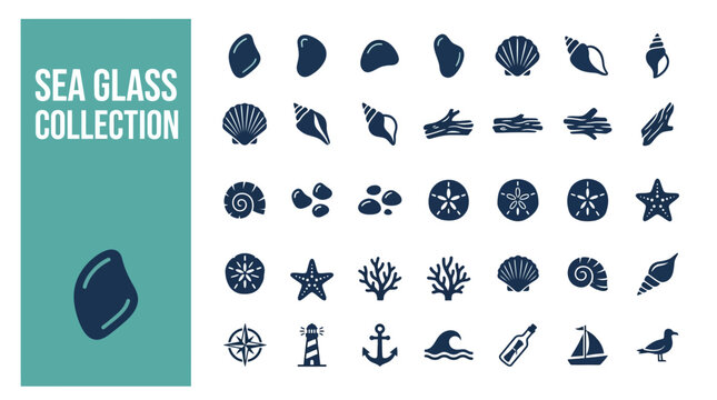 Beautiful collection of sea glass and nautical themed icons, perfect for beach and ocean related designs