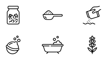 Bath Bomb Ingredients, Spa Relaxation, Lavender, Bubbles, Powder, Jar Icons