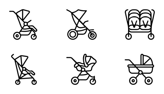 Baby Stroller Icons Set, Infant Pram Vector Graphics, Child Carriage Line Art Collection