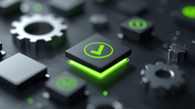 Digital technology gear check mark square button green light black surface control panel settings icon system interface computer hardware mechanism automation process workflow configuration