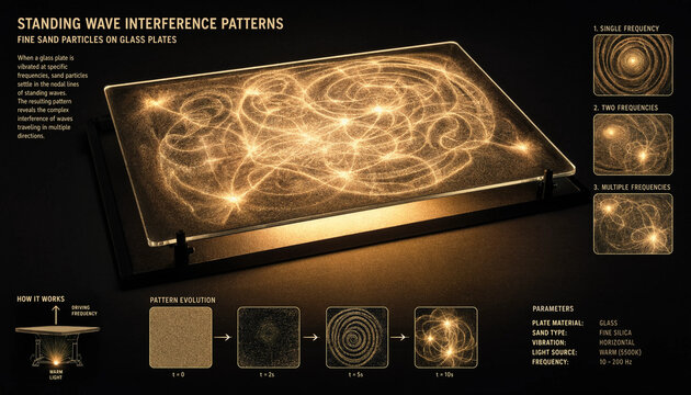 Scientific display of standing wave interference patterns in sand on a glass plate with evolution timeline and frequency parameter charts