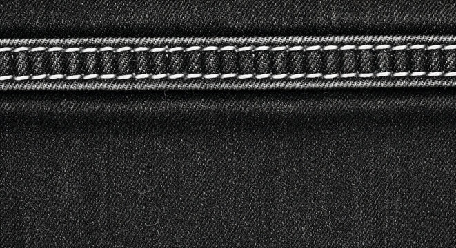 Black denim fabric texture surface with detailed white double stitching line element to create rough canvas background pattern for premium fashion design layout template