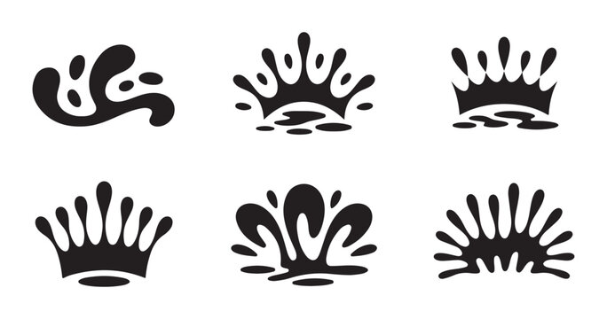 Black water splash icons set featuring liquid crown effects and dynamic spray shapes for creative usage.