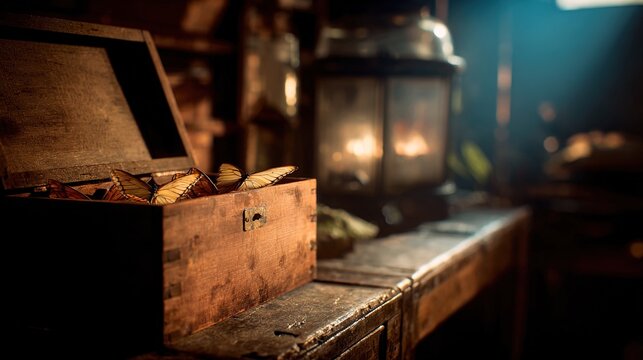 ajar. Dimly lit ship cabin with a wooden crate ajar, revealing rare butterfly specimens inside. wildlife magazines, conservation campaigns, designed for wildlife conservation campaigns.