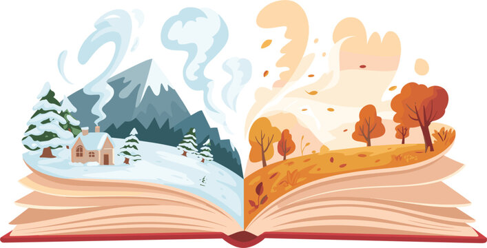 Open book with magic seasonal stories showing beautiful winter and autumn landscapes, vector illustration
