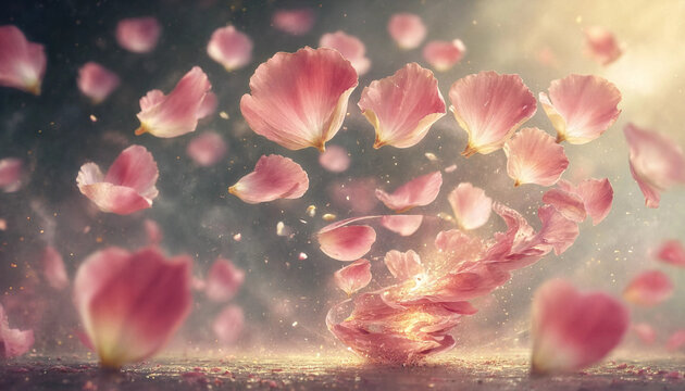 A gentle swirl of soft pink rose petals floating in a bright ethereal space with light rays and sparkling dust particles in the atmosphere