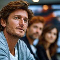 Fototapeta premium Confident man with light brown hair and blue eyes in focus, two colleagues blurred in background, business meeting indoors, thoughtful mood