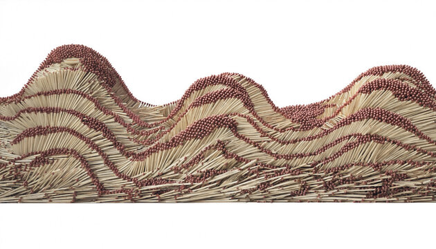 Artistic sculpture made of thousands of wooden matchsticks with red tips, forming a complex, undulating, wave-like landscape on white background
