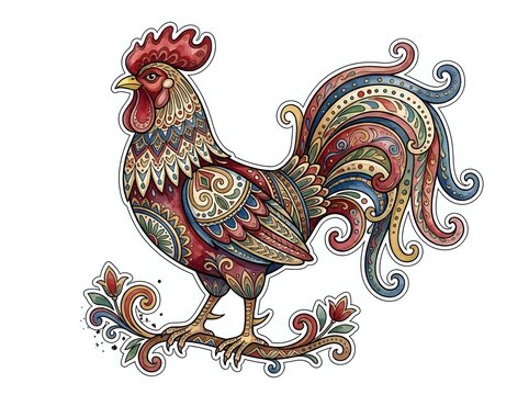 Ornamental rooster with decorative flourishes and intricate patterns, isolated on transparent background, ready for design projects, textiles, and clipart applications.